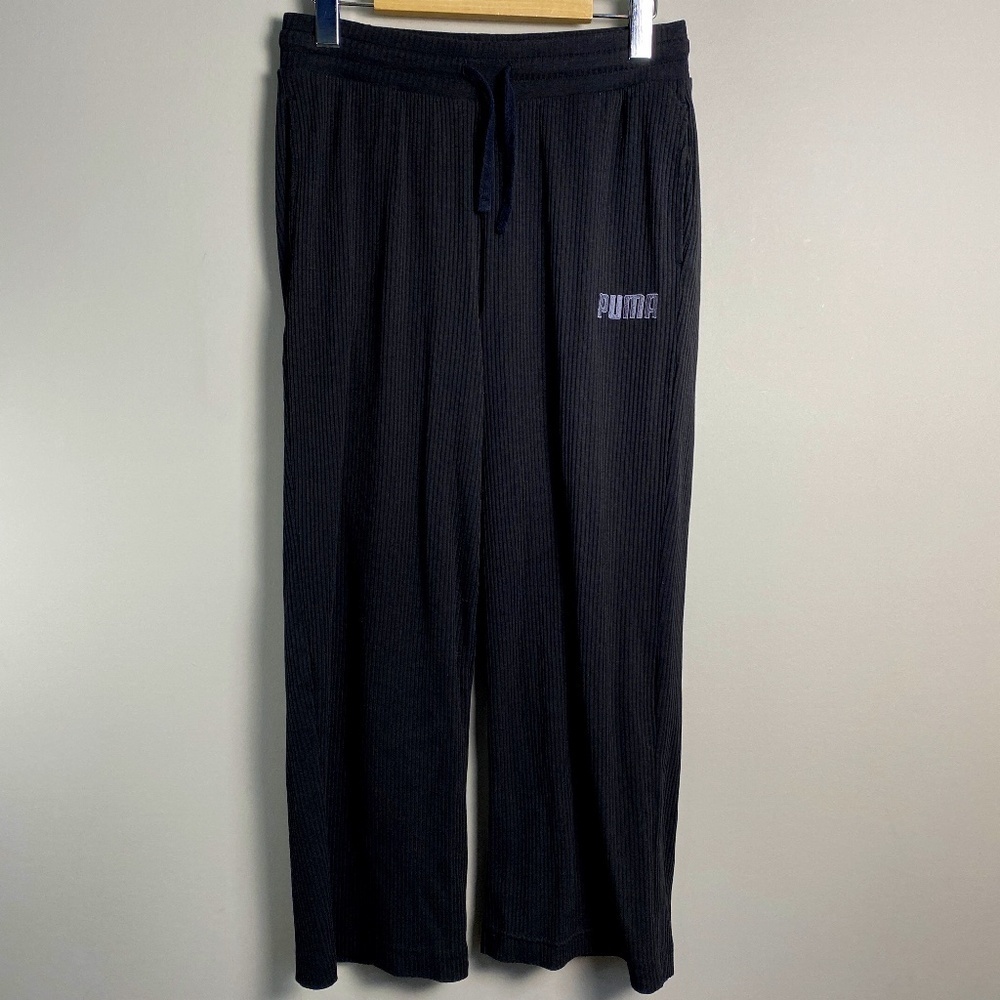 PUMA Women's Black Ribbed High Waist Modern Basics Wide Leg Pant‎ Size Small